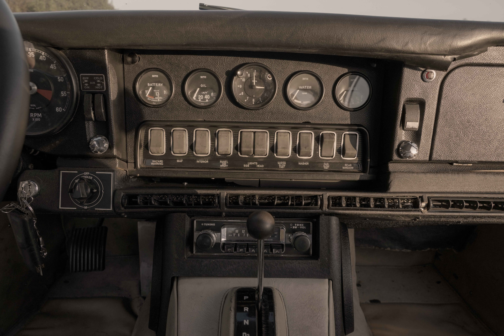 Jaguar E-Type dashboard, switches, and automatic shifter