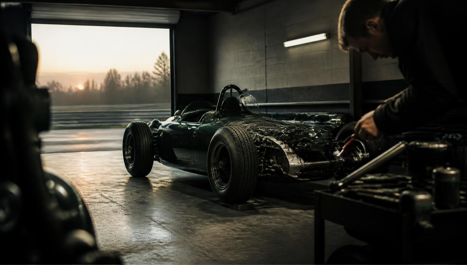 Historic single-seater race car being worked on in a paddock garage at dawn