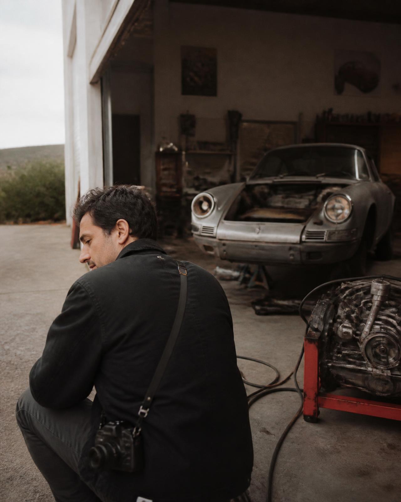 Gio Acosta crouched at the door of a workshop with a vintage sports car behind him