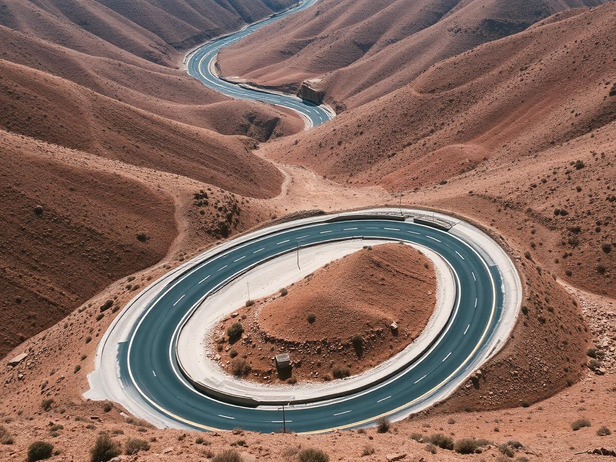 Aerial view of a hairpin road through dry hills