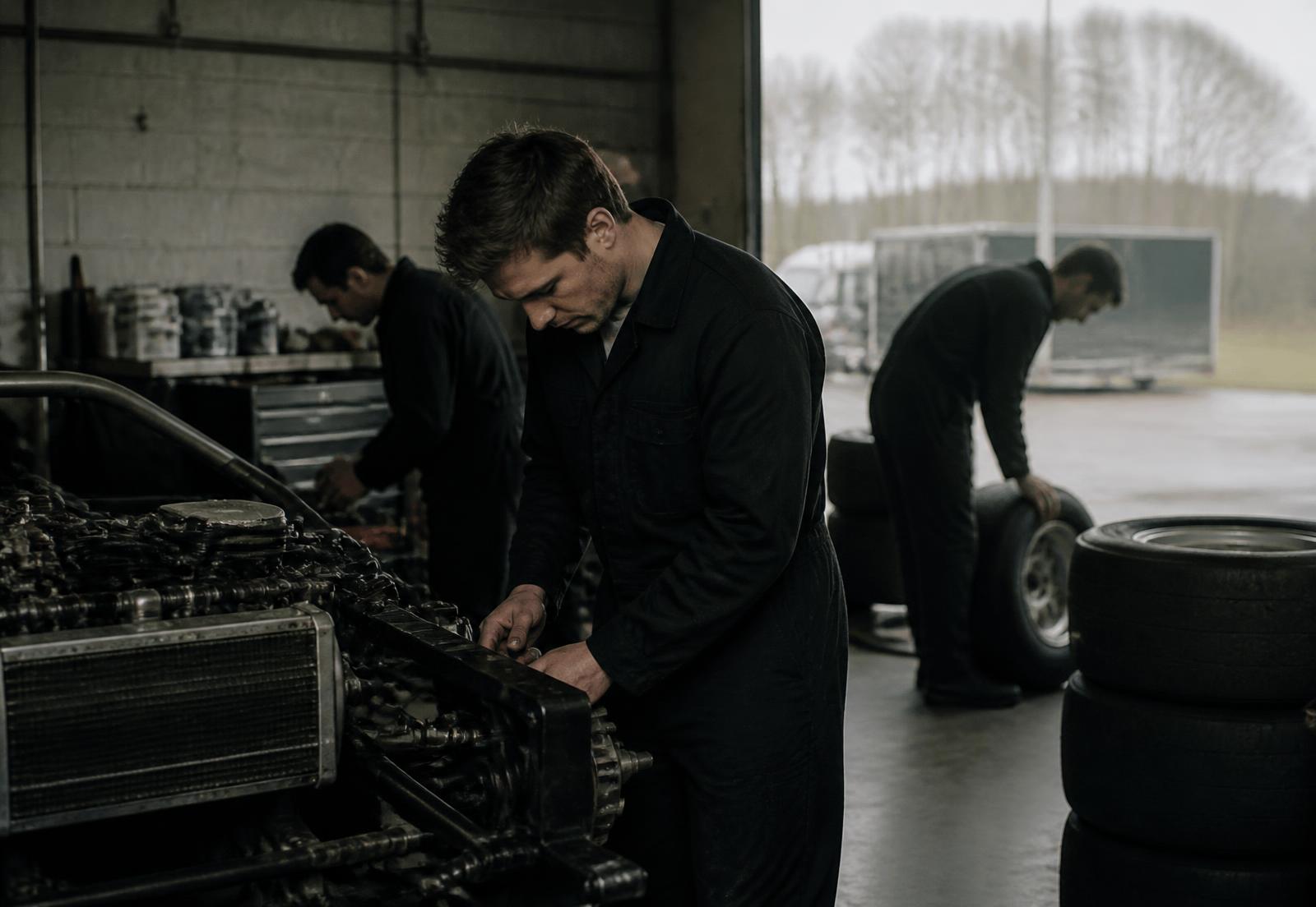 Mechanics working in a quiet paddock garage