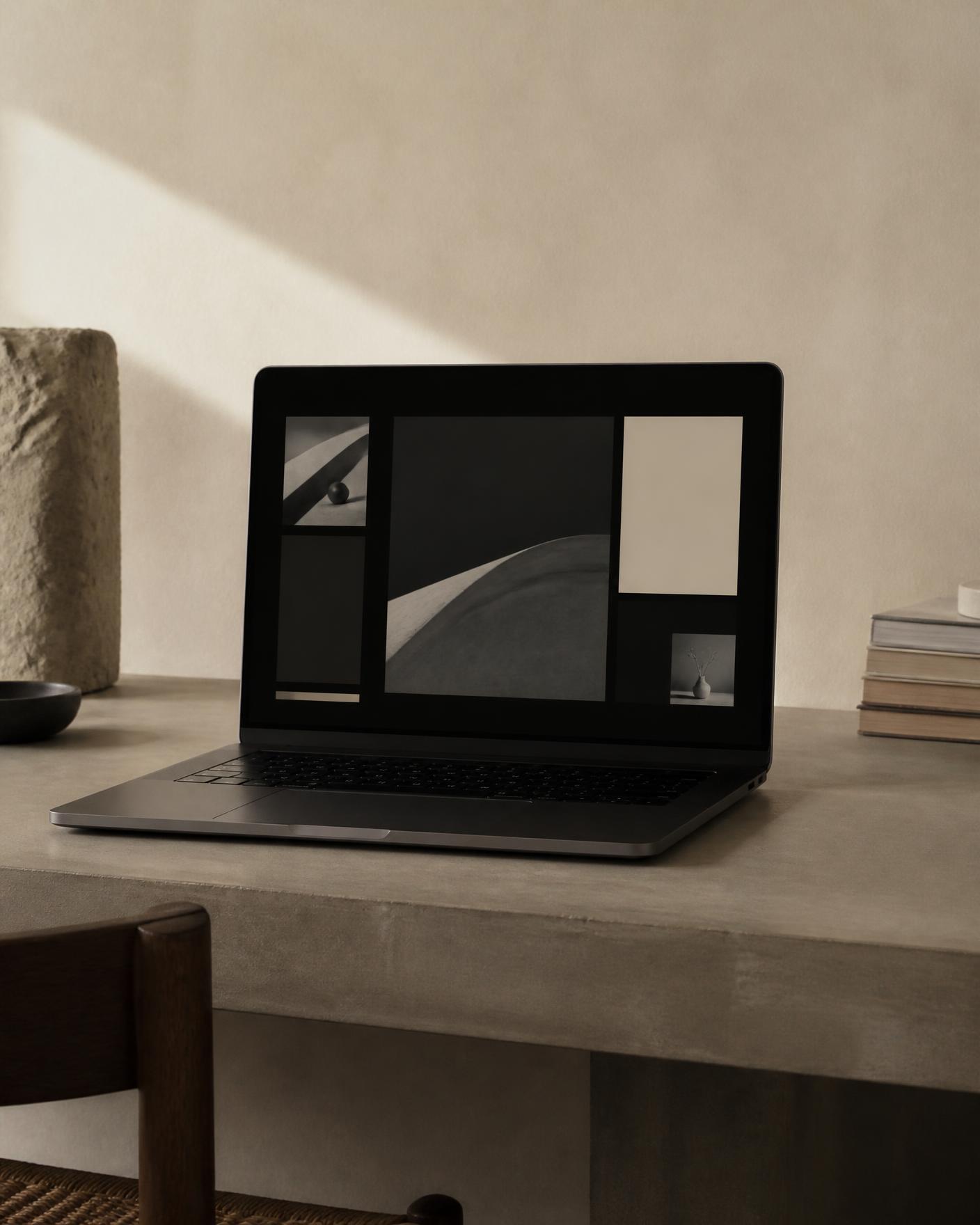 Editorial website layout displayed on a laptop
